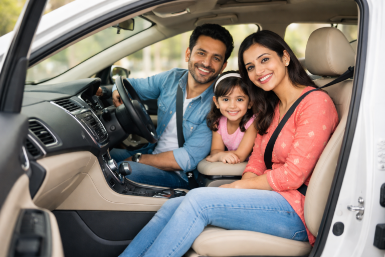 happy indian family in a car with clean interior